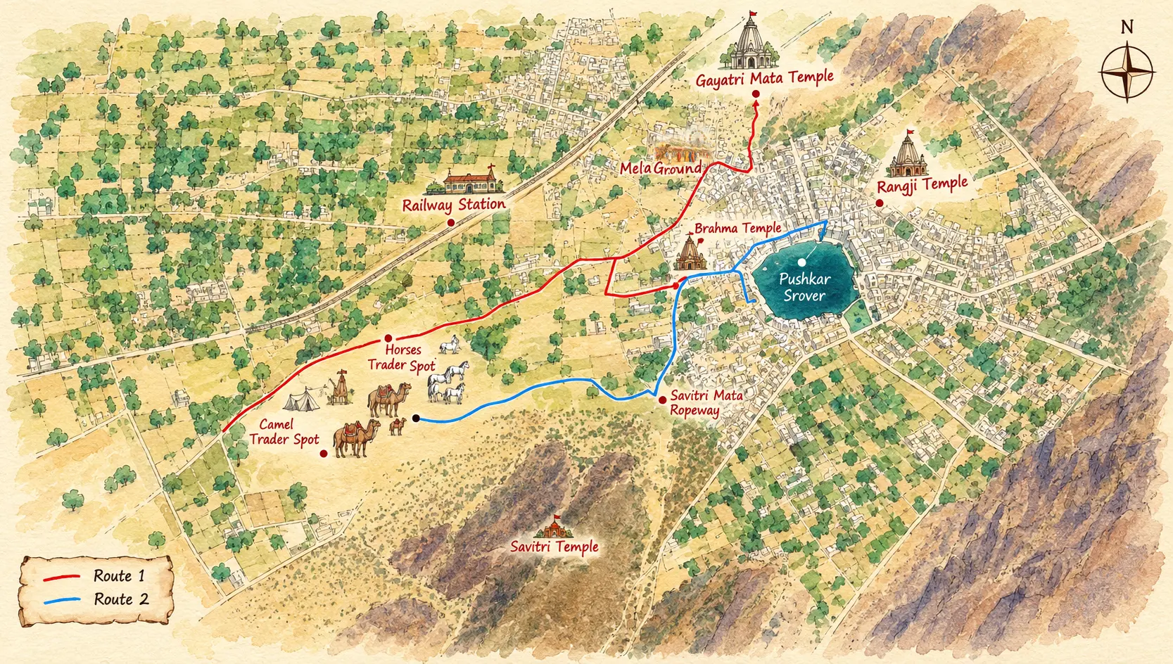 Illustrated map of Pushkar Camel Fair landmarks and routes